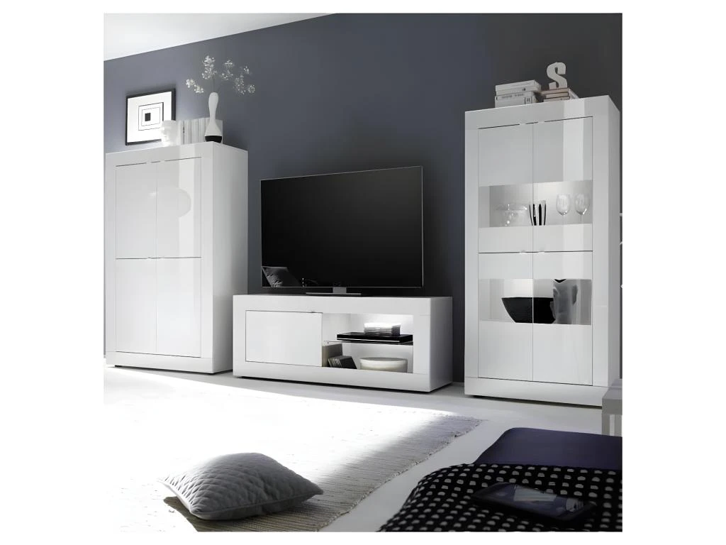 Meuble TV 1 Porte 2 Niches Blanc Laqué Brillant à LEDs Blancs - MATERA 5 Meuble TV 1 Porte 2 Niches Blanc Laqué Brillant à LEDs Blancs - MATERA – Image 5