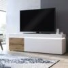 Meuble TV 1 Porte Et 2 Tiroirs Avec LEDs - Naturel Et Blanc Laqué - DOLONA -Deco.fr Soldes Boutique meuble tv 12293285