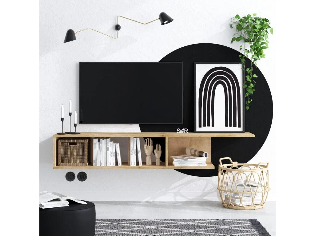 Meuble Tv Nilo Design 100 % Panneau De Particules Plaqué Mélaminé En Couleur Chêne Sonoma, 150x26x24cm 3 Meuble Tv Nilo Design 100 % Panneau De Particules Plaqué Mélaminé En Couleur Chêne Sonoma, 150x26x24cm – Image 3