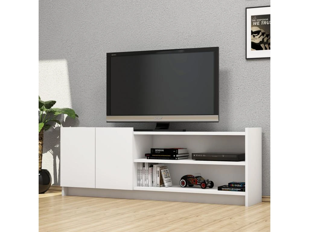 Meuble Tv Niger Design 100 % Panneau De Particules Plaqué Mélaminé En Couleur Blanc, 141x50x29,5cm 2 Meuble Tv Niger Design 100 % Panneau De Particules Plaqué Mélaminé En Couleur Blanc, 141x50x29,5cm – Image 2