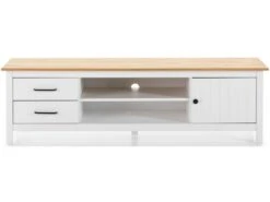 Meuble TV En Pin Massif Décor Ciré Chêne Et Blanc, Meuble De Rangement - Longueur 158 X Profondeur 40 X Hauteur 47 Cm
