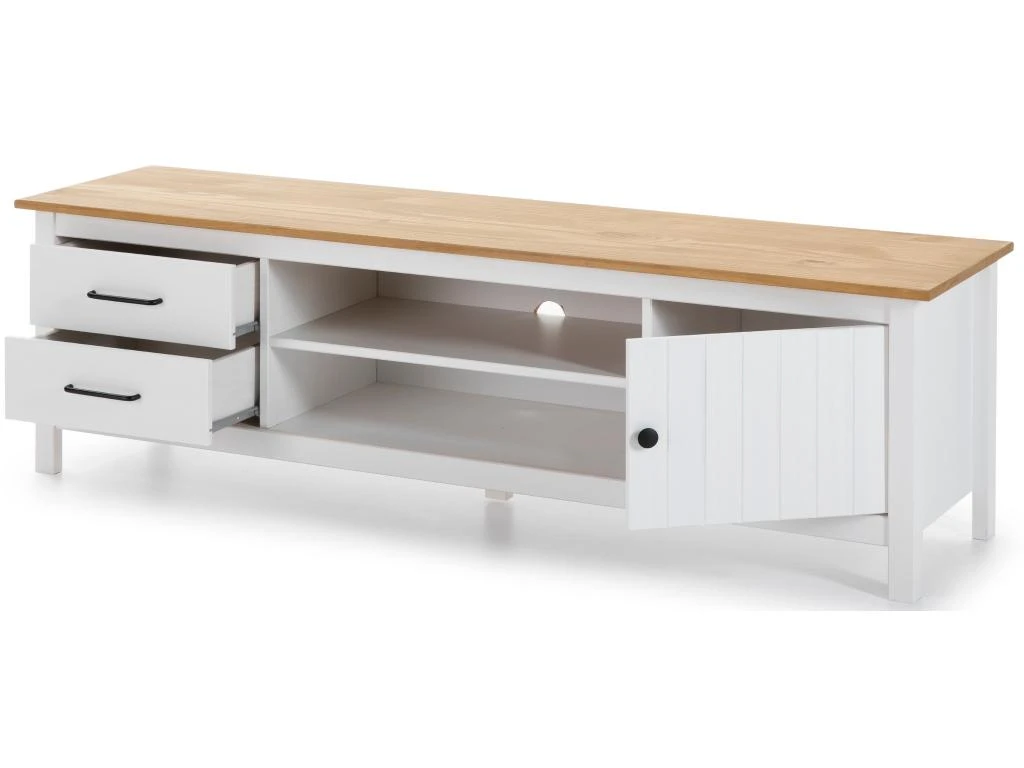 Meuble TV En Pin Massif Décor Ciré Chêne Et Blanc, Meuble De Rangement - Longueur 158 X Profondeur 40 X Hauteur 47 Cm 4 Meuble TV En Pin Massif Décor Ciré Chêne Et Blanc, Meuble De Rangement - Longueur 158 X Profondeur 40 X Hauteur 47 Cm – Image 4