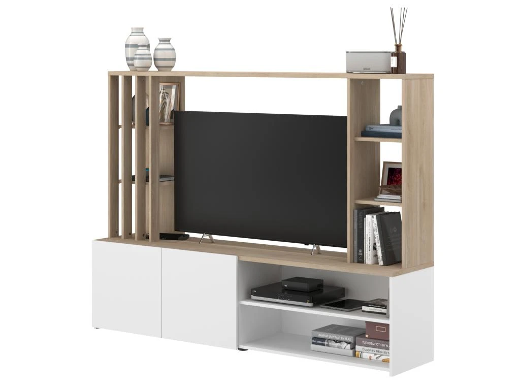 Mur TV Avec Rangements - Naturel Et Blanc - GORBELLA 4 Mur TV Avec Rangements - Naturel Et Blanc - GORBELLA – Image 4