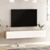Meuble TV Suspendu Avec 2 Portes - Blanc Et Naturel - AUBEPINA -Deco.fr Soldes Boutique meuble tv 12495597