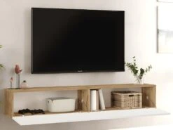 Meuble TV Suspendu Avec 2 Portes - Blanc Et Naturel - AUBEPINA -Deco.fr Soldes Boutique meuble tv 12495611