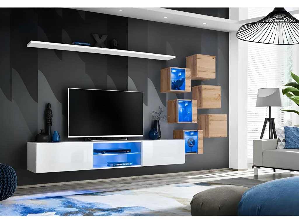 Ensemble Meubles De Salon SWITCH XXI Design, Coloris Blanc Et Chêne. 1 Ensemble Meubles De Salon SWITCH XXI Design, Coloris Blanc Et Chêne.