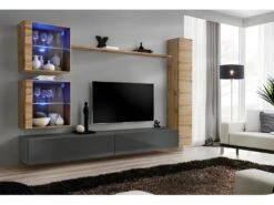 Ensemble Meuble Salon Mural SWITCH XVIII Design, Coloris Gris Brillant Et Chêne Wotan.