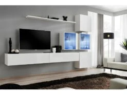 Ensemble Meuble Salon Mural SWITCH XIX Design, Coloris Blanc Brillant.