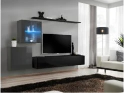 Ensemble Meuble Salon Mural SWITCH XV Design, Coloris Noir Et Gris Brillant.