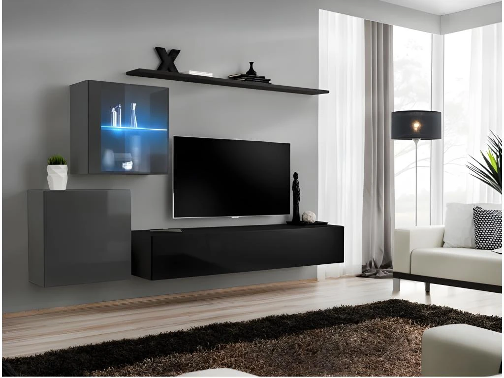 Ensemble Meuble Salon Mural SWITCH XV Design, Coloris Noir Et Gris Brillant. 1 Ensemble Meuble Salon Mural SWITCH XV Design, Coloris Noir Et Gris Brillant.
