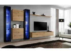 Ensemble Meuble Salon Mural SWITCH XVI Design, Coloris Chêne Wotan Et Noir Brillant.