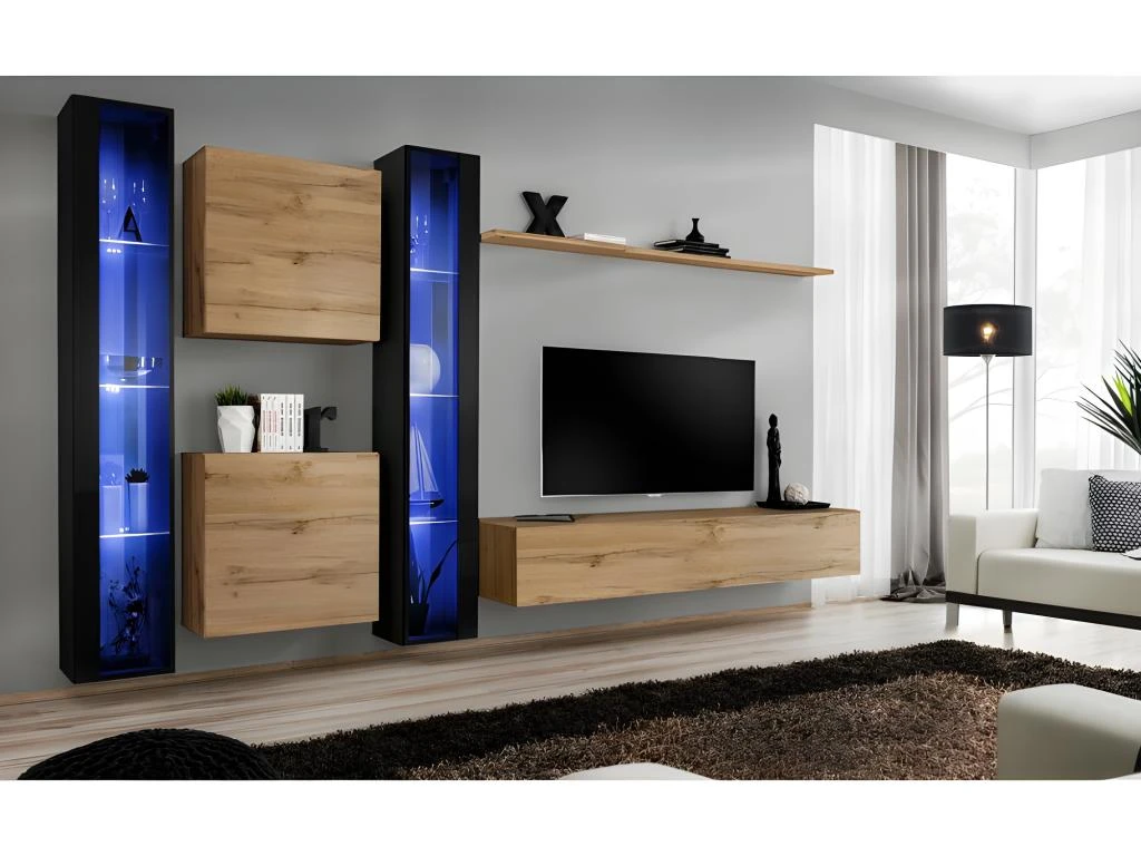 Ensemble Meuble Salon Mural SWITCH XVI Design, Coloris Chêne Wotan Et Noir Brillant. 1 Ensemble Meuble Salon Mural SWITCH XVI Design, Coloris Chêne Wotan Et Noir Brillant.