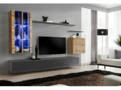 ENSEMBLE MEUBLES DE SALON SWITCH XII, Coloris Gris Brillant Et Chêne Wotan.
