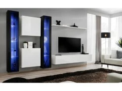 Ensemble Meuble Salon Mural SWITCH XVI Design, Coloris Blanc Et Noir Brillant.