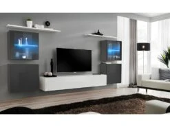 Ensemble Meuble Salon Mural SWITCH XIV Design, Coloris Blanc Et Gris Brillant.