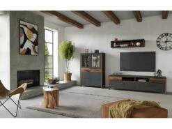 Ensemble 3 Meubles De Salon Collection WINDSOR. Coloris Gris Anthracite Et Chêne Foncé.