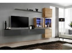 Ensemble Meubles De Salon SWITCH XIX Design, Coloris Gris Brillant Et Chêne Wotan.