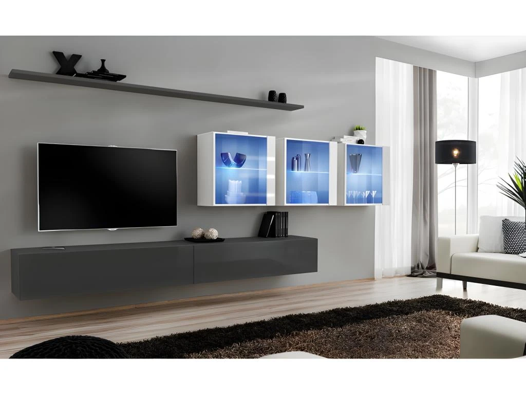 Ensemble Meuble Salon Mural SWITCH XVII Design, Coloris Gris Et Blanc Brillant. 1 Ensemble Meuble Salon Mural SWITCH XVII Design, Coloris Gris Et Blanc Brillant.