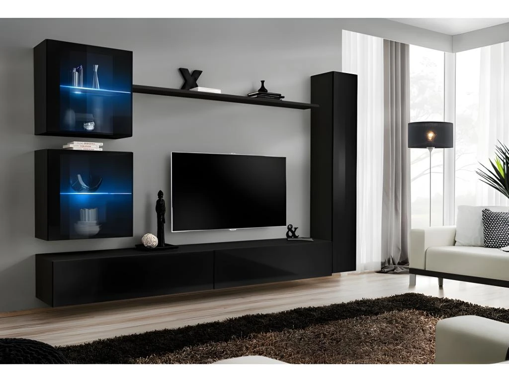 Ensemble Meuble Salon Mural SWITCH XVIII Design, Coloris Noir Brillant. 1 Ensemble Meuble Salon Mural SWITCH XVIII Design, Coloris Noir Brillant.