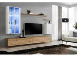 Ensemble Meuble Salon Mural SWITCH XII Design, Coloris Chêne Wotan Et Blanc Brillant.