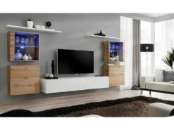 Ensemble Meuble Salon Mural SWITCH XIV Design, Coloris Blanc Brillant Et Chêne Wotan.