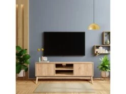 Meuble TV Buffet Bas En Bambou Mdf 2 Portes Étagères Pour Salon