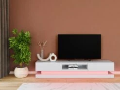 Meuble TV FIRMAMENT - MDF Laqué Blanc - LEDs - 2 Tiroirs & 1 Niche