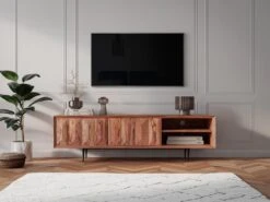 Meuble TV Avec 2 Portes Et 2 Niches - Bois De Sheesham Et Métal - Coloris : Naturel - ZELICINA