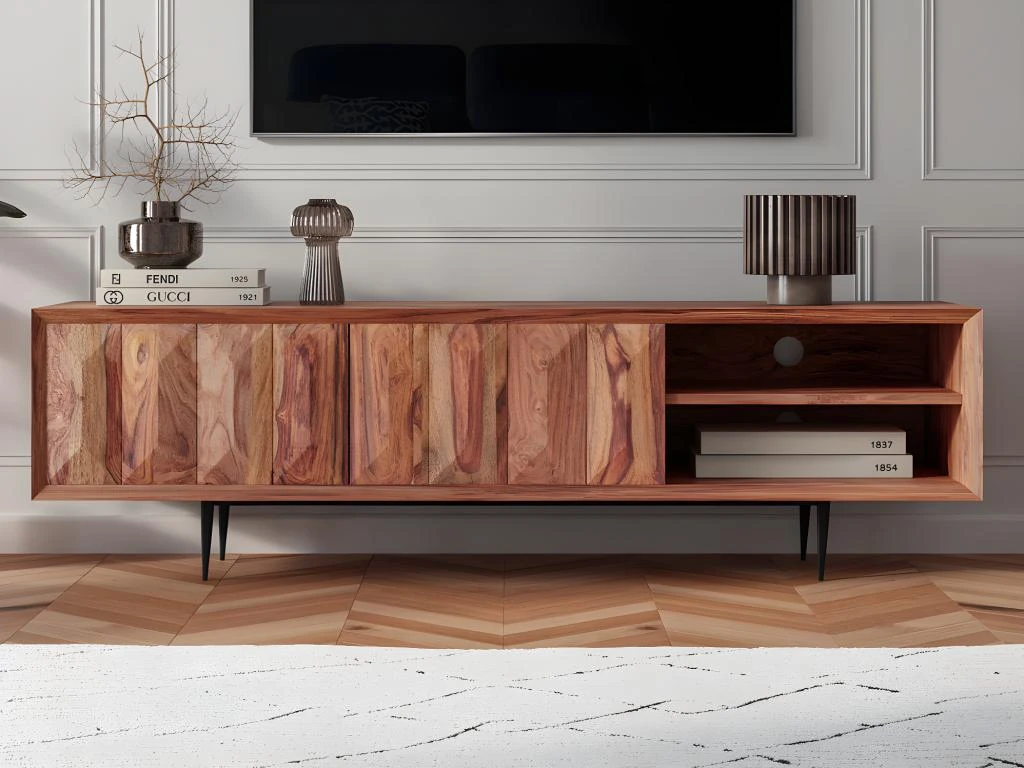 Meuble TV Avec 2 Portes Et 2 Niches - Bois De Sheesham Et Métal - Coloris : Naturel - ZELICINA 2 Meuble TV Avec 2 Portes Et 2 Niches - Bois De Sheesham Et Métal - Coloris : Naturel - ZELICINA – Image 2