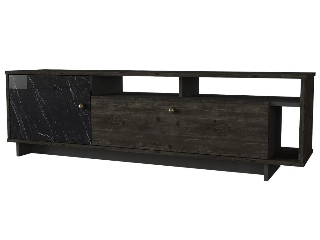 Meuble TV Avec 2 Portes Et 3 Niches - Effet Marbre Noir Et Naturel Foncé - ETALA 3 Meuble TV Avec 2 Portes Et 3 Niches - Effet Marbre Noir Et Naturel Foncé - ETALA – Image 3