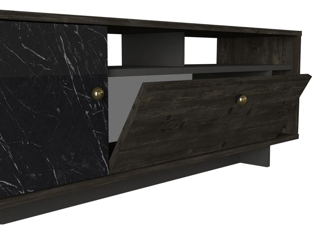 Meuble TV Avec 2 Portes Et 3 Niches - Effet Marbre Noir Et Naturel Foncé - ETALA 5 Meuble TV Avec 2 Portes Et 3 Niches - Effet Marbre Noir Et Naturel Foncé - ETALA – Image 5