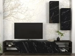 Ensemble TV Avec Rangements - Effet Marbre Noir Et Naturel Foncé - ZALTIA