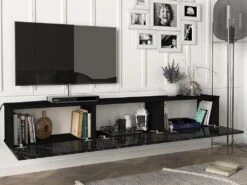 Meuble TV Suspendu Avec 3 Portes - Effet Marbre Noir - VIKILA -Deco.fr Soldes Boutique meuble tv 13078237