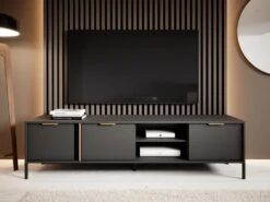 Meuble TV Avec 3 Portes Et 2 Niches - Anthracite Et Doré - PAVELI