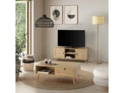 Meuble TV Bella 2 Portes Couleur Chêne Avec Rotin Naturel -Deco.fr Soldes Boutique meuble tv 13626289
