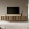 Meuble TV 175 Cm - En Chêne Artisan Avec Façade Fraisée Et Inserts Noirs - TELIRE -Deco.fr Soldes Boutique meuble tv 13837889