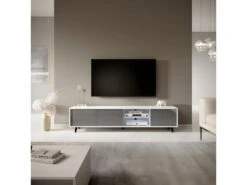Meuble Tv / Banc Tv - Blanc Mat / Gris Brillant, 175 Cm, éclairage LED - GALHAD