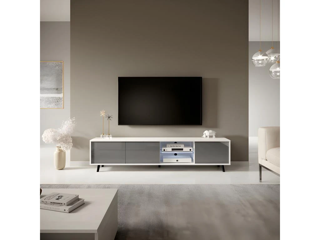 Meuble Tv / Banc Tv - Blanc Mat / Gris Brillant, 175 Cm, éclairage LED - GALHAD 1 Meuble Tv / Banc Tv - Blanc Mat / Gris Brillant, 175 Cm, éclairage LED - GALHAD