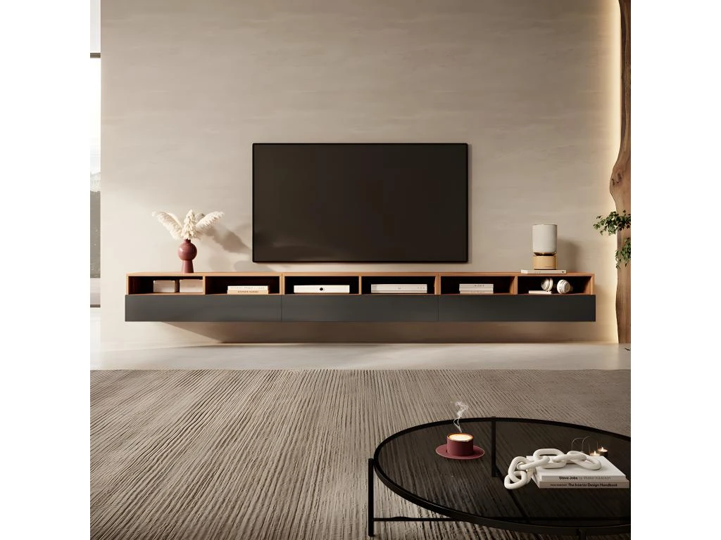 Meuble TV - 3x100 Cm - Chêne Wotan / Noir Brillant - REDNAW 1 Meuble TV - 3x100 Cm - Chêne Wotan / Noir Brillant - REDNAW