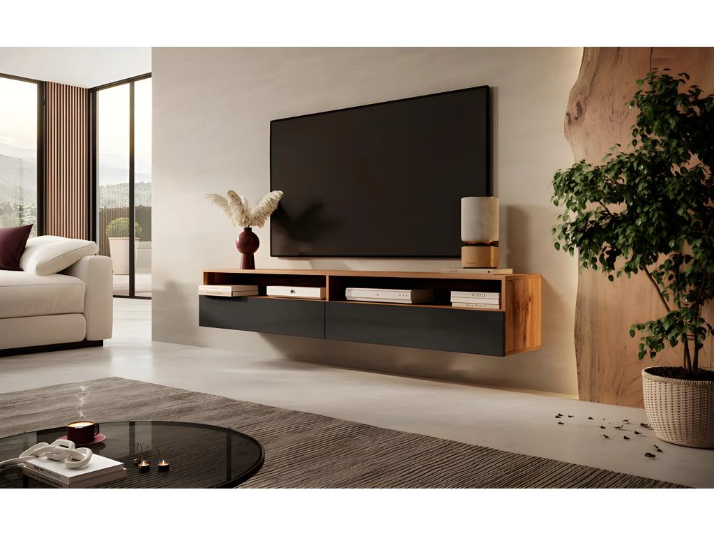 Meuble TV - 180 Cm - Chêne Wotan / Noir Brillant - REDNAW 2 Meuble TV - 180 Cm - Chêne Wotan / Noir Brillant - REDNAW – Image 2