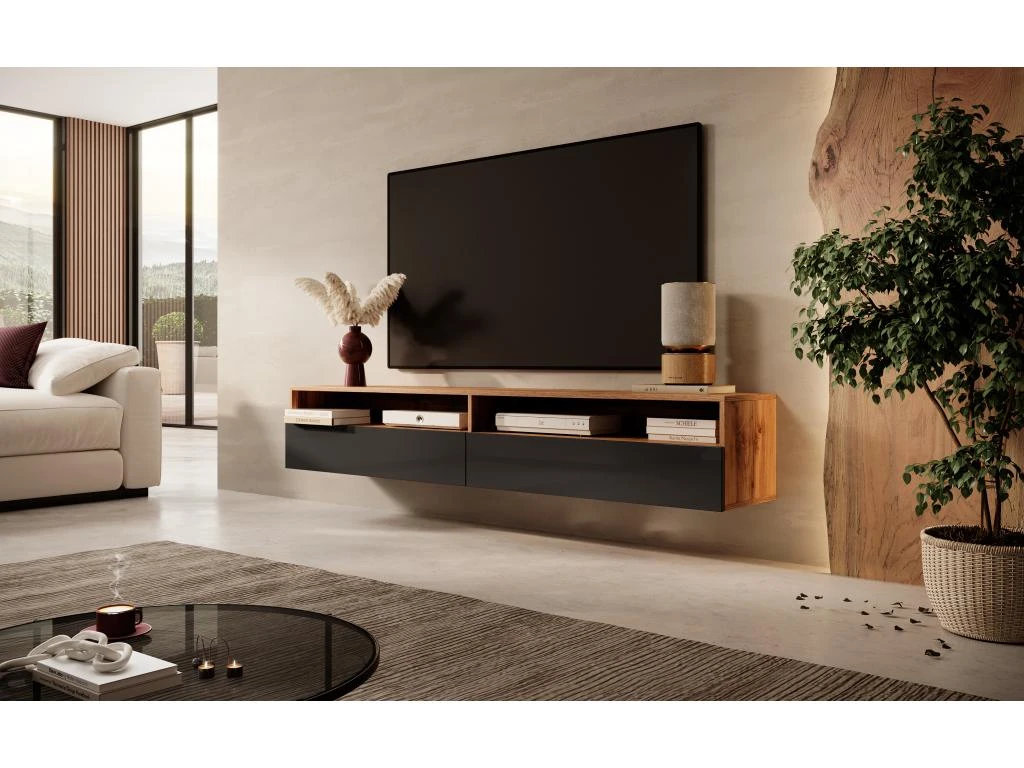 Meuble TV - 180 Cm - Chêne Wotan / Noir Brillant - REDNAW 7 Meuble TV - 180 Cm - Chêne Wotan / Noir Brillant - REDNAW – Image 7