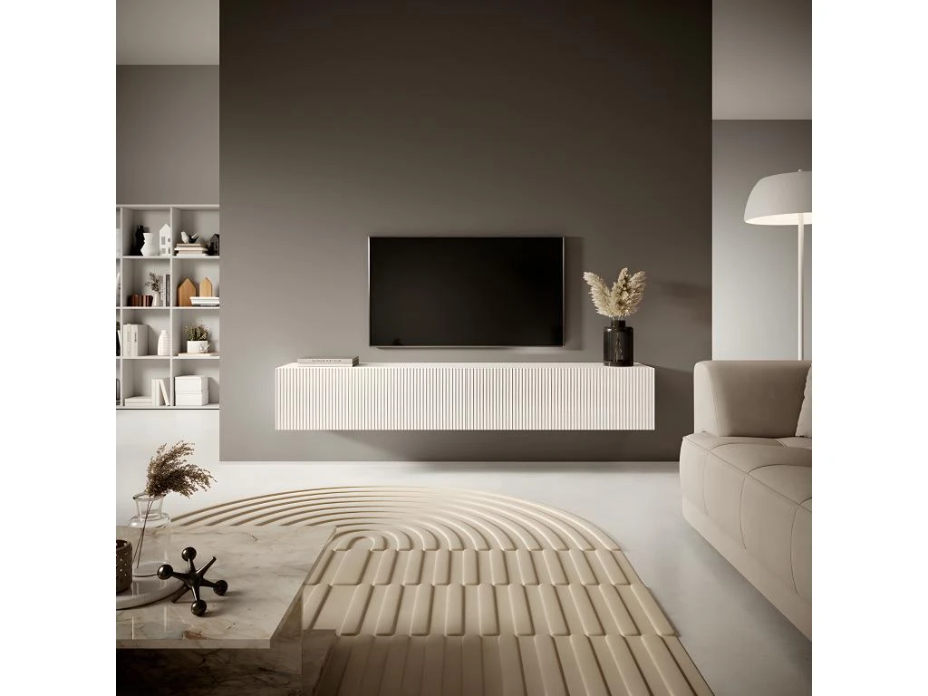 Meuble TV 175 Cm Blanc Avec Façade Fraisée - VELDIO 1 Meuble TV 175 Cm Blanc Avec Façade Fraisée - VELDIO