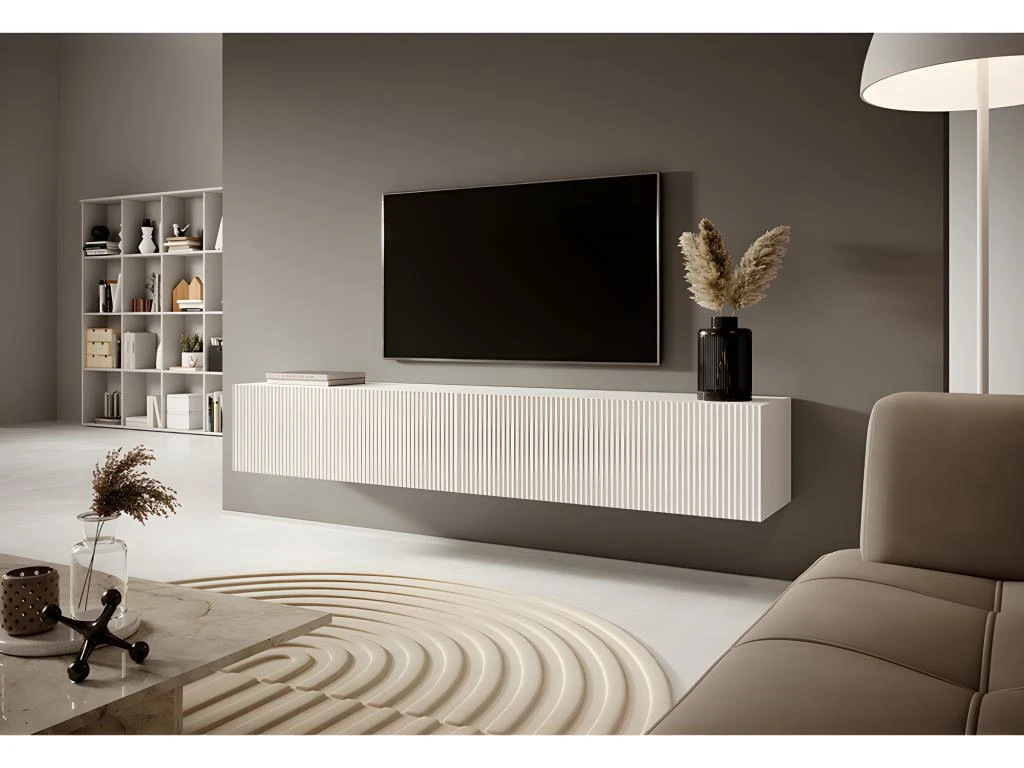 Meuble TV 175 Cm Blanc Avec Façade Fraisée - VELDIO 2 Meuble TV 175 Cm Blanc Avec Façade Fraisée - VELDIO – Image 2