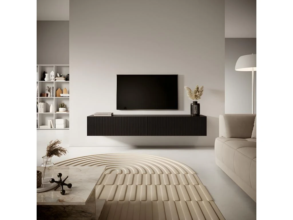 Meuble TV 175 Cm Noir Avec Façade Fraisée - VELDIO 1 Meuble TV 175 Cm Noir Avec Façade Fraisée - VELDIO