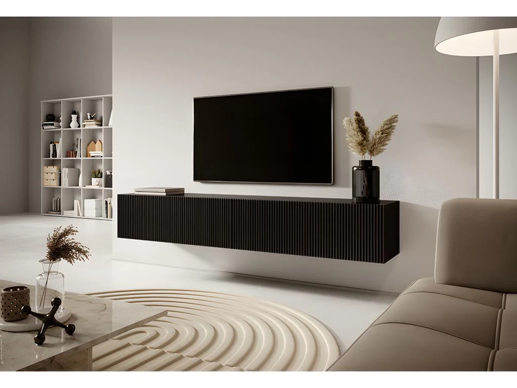Meuble TV 175 Cm Noir Avec Façade Fraisée - VELDIO 2 Meuble TV 175 Cm Noir Avec Façade Fraisée - VELDIO – Image 2