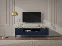 Meuble TV Avec 2 Portes, 2 Tiroirs Et 2 Niches En MDF Et Acier - Bleu Et Doré - YESINIA