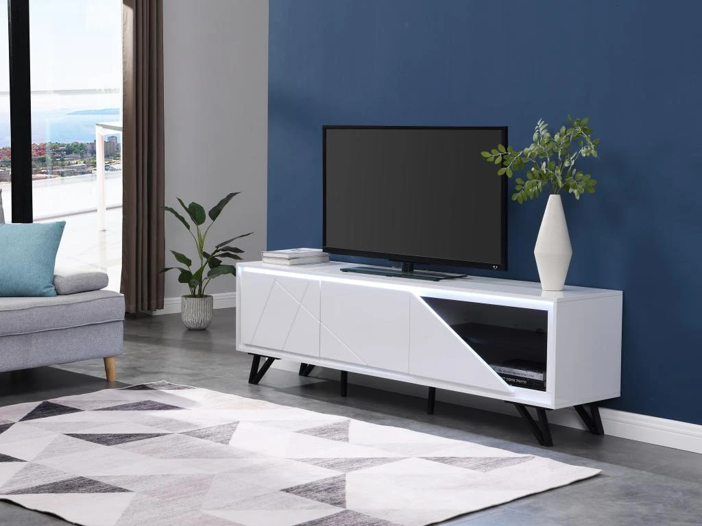 Meuble TV 3 Portes Avec LEDs En MDF - Blanc Laqué - SALIANO 1 Meuble TV 3 Portes Avec LEDs En MDF - Blanc Laqué - SALIANO