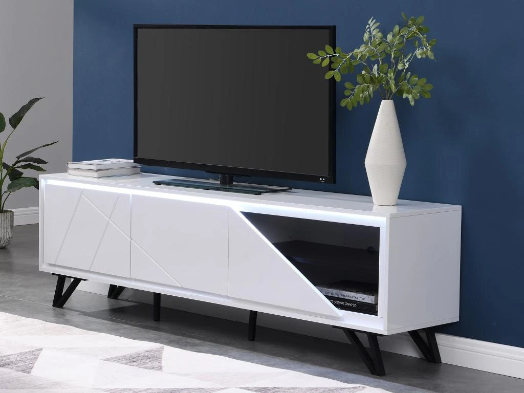 Meuble TV 3 Portes Avec LEDs En MDF - Blanc Laqué - SALIANO 2 Meuble TV 3 Portes Avec LEDs En MDF - Blanc Laqué - SALIANO – Image 2