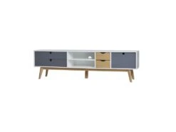 Meuble TV 4 Tiroirs 1 Porte Blanc/Bois/Gris - NANO