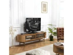 YSEULT - Meuble TV Arrondi Couleur Naturelle Bois Peuplier 2 Portes Coulissantes En Verre -Deco.fr Soldes Boutique meuble tv 14651091